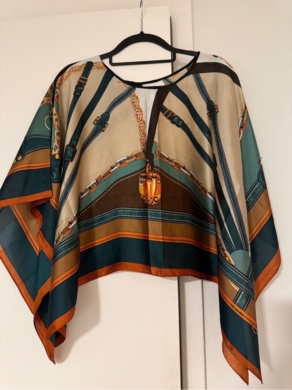 Women's Teal and Brown Satin Scarf-Print silky Poncho Top